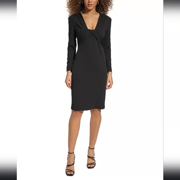 NWT Calvin Klein Pleated Long Sleeve V-Neck Sheath Dress in Black Size 12 - Picture 1 of 12